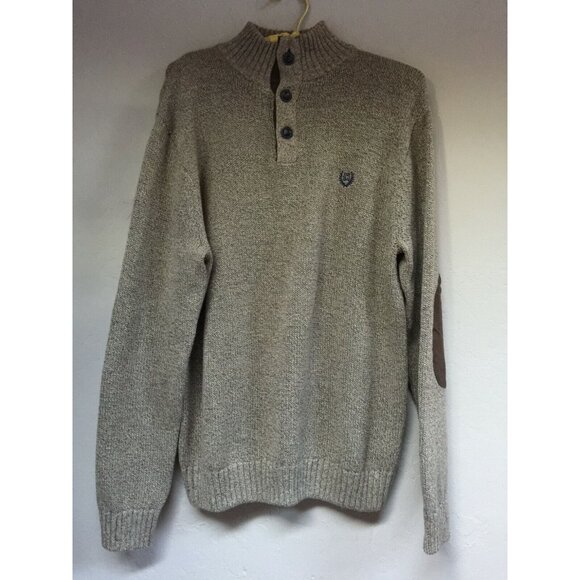 CHAPS Mens Mock Neck Pullover Sweater with Elbow Patches Medium Gray Ribbed Trim - Picture 1 of 9